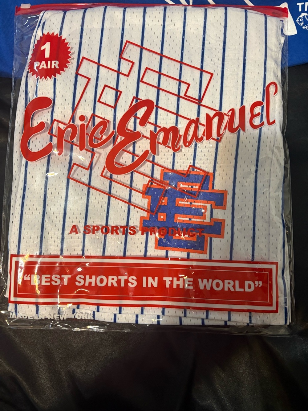 Eric Emanuel White Mesh Pinstripe Shorts with Blue Stripes and Orange-Red Logo